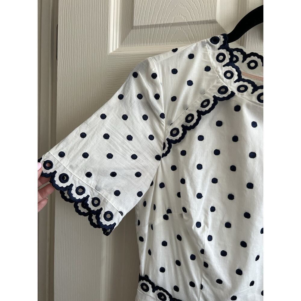 BODEN Kimberly Navy White Polka Dot Embroidered Scallop Trim Midi Dress Sz 6R - Picture 5 of 14